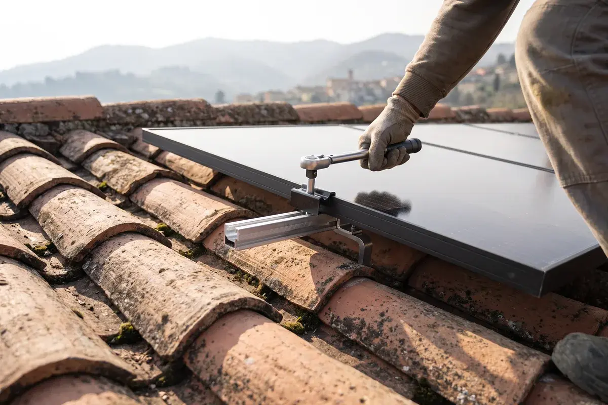 Mano guantata che serra un morsetto centrale tra due moduli fotovoltaici su un tetto in coppi